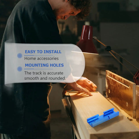 Heavy Duty Alloy Miter Track Connector In Sleek Anodized Blue For Seamless Woodworking Routing mounted on wood with precision alignment.