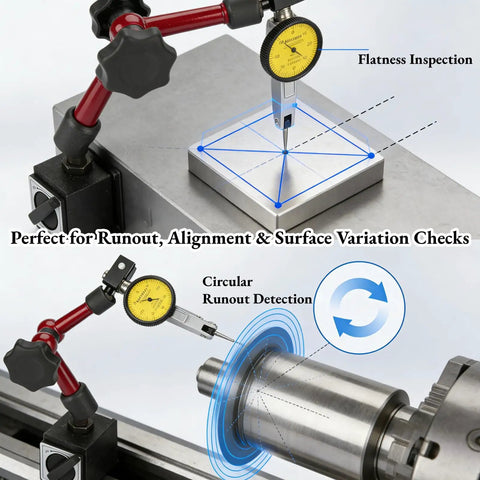 Dial Indicator Magnetic Base Holder Kit With On Off Switch in use for flatness and circular runout inspection on metal surfaces