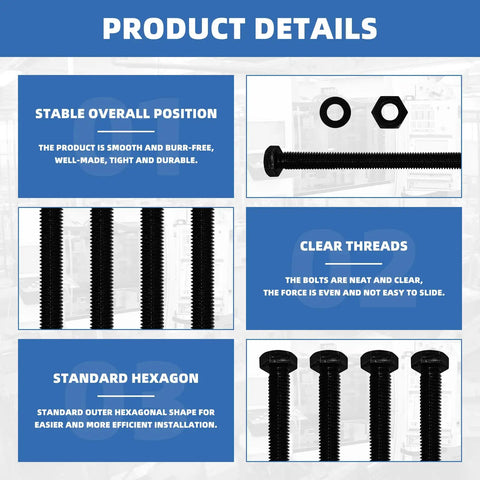 Built Tough For Any Job With This Heavy Duty Carbon Steel M10 X 150mm Hex Head Bolt Kit Featuring Smooth Nuts And Flat Washers 24 Piece Set details showing hex bolts and nuts.
