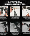 Impact drill installation steps for Electric Drill Plate Cutter Nibbler for Sheet Metal, heavy-duty attachment in six steps.