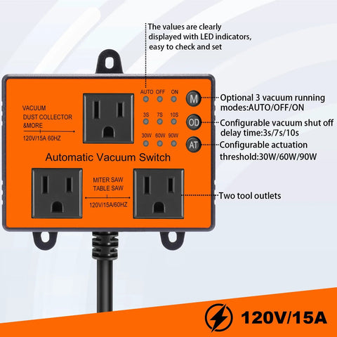 Front view of orange Automatic Vacuum Switch with two tool outlets, 120V/15A, AUTO/OFF/ON LED indicators.