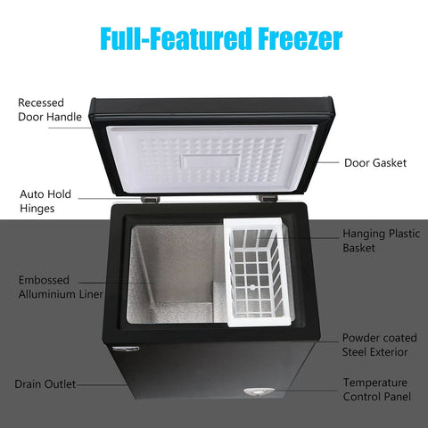 Keep Your Cool With This Badass 3.5 Cubic Foot Chest Freezer Featuring Seven Chill Zones And A Sleek Black Shell showing interior features.