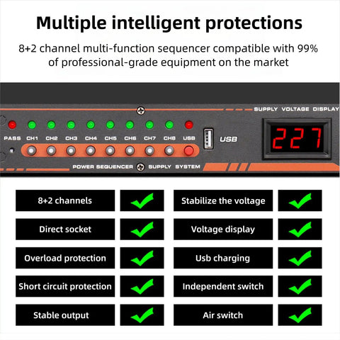 Rock Solid 10 Outlet Power Sequencer With Digital Display And Surge Guard For Home Studio Gear US Plug features voltage meter and multiple protections.