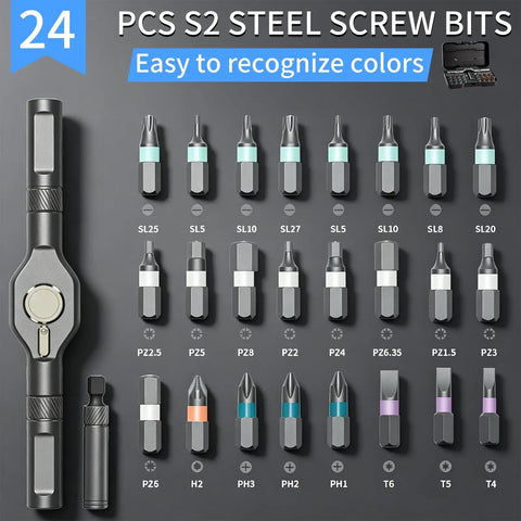 Heavy Duty 24 Piece Magnetic Ratchet Screwdriver Kit With S2 Steel Bits And Durable Aluminum Grip For No Sweat DIY Repairs And Quick Gear Adjustments On The Go featuring S2 steel bits in various sizes.