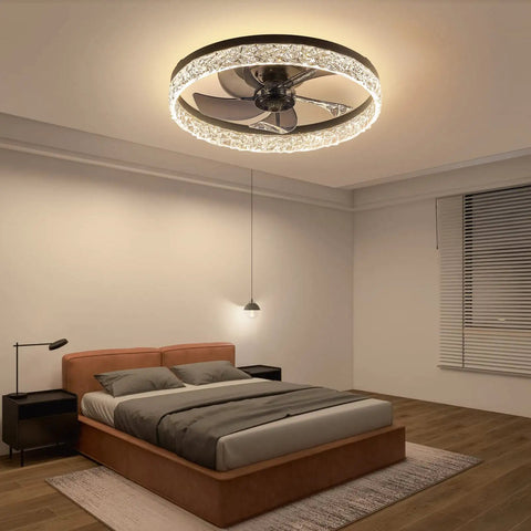 Bedroom with Low Profile Fandelier Ceiling Fan With Light And Remote, 19.7 Inch Flush Mount on ceiling, LED lighting on, cozy setup
