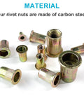 Front view of galvanized carbon-steel rivet nuts with flanged heads in assorted SAE/Metric sizes