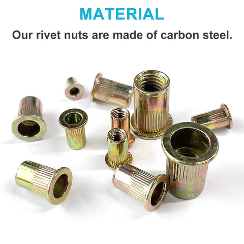 Front view of galvanized carbon-steel rivet nuts with flanged heads in assorted SAE/Metric sizes