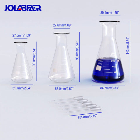 Comprehensive Lab Chemistry Glassware Set For Experiments with 50ml 100ml 250ml Erlenmeyer Flasks and 5 Droppers displayed