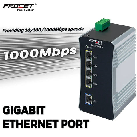 Industrial Four Port Gigabit PoE Switch For DIN Rail With PoE Plus 90W Per Port, displayed with Gigabit Ethernet ports.
