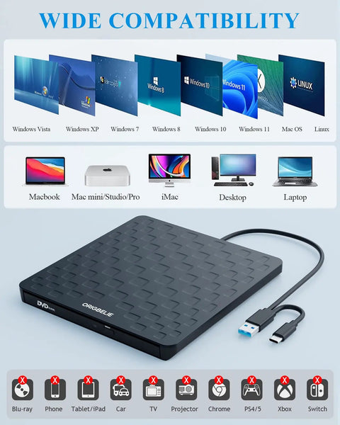 External CD DVD Drive For Laptops USB 3 Type C Plug And Play Portable Optical Drive No Driver Required USB Powered 13mm Slim DVD Player Compatible With Windows Mac Linux Travel Friendly black slim drive with USB-A and USB-C cable