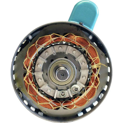 Rock Solid Cast Iron 2HP Big Bore Air Compressor motor close-up with copper windings and bearing assembly, designed for steady airflow.