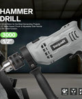 Corded Hammer Drill With 3000 RPM And 4.5 Amp Motor, Half Inch Keyed Metal Chuck, 5-Piece Bit Set, 360 Degree Rotating Handle