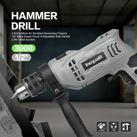 Corded Hammer Drill With 3000 RPM And 4.5 Amp Motor, Half Inch Keyed Metal Chuck, 5-Piece Bit Set, 360 Degree Rotating Handle