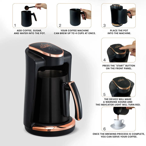 Turkish And Greek Coffee Maker For Home Use 1 To 4 Cup Capacity 400W Electric Pot BPA Free Anti Spill Design With Cook Sense Technology Delivers Authentic Foamy Brew Black, showing usage instructions