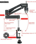Precision Cantilever Tapping Arm For Hand Drill With Flexible Vertical Tap Guide Heavy Duty Aluminum Build shown with dimensions.
