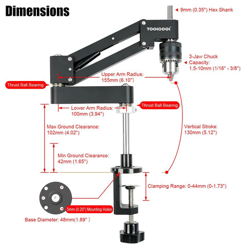 Precision Cantilever Tapping Arm For Hand Drill With Flexible Vertical Tap Guide Heavy Duty Aluminum Build shown with dimensions.