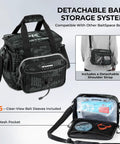 BaitSpace Tackle Bag With Four Tackle Boxes, Removable Bait Binder, Water Resistant Storage shown with shoulder strap and open view.