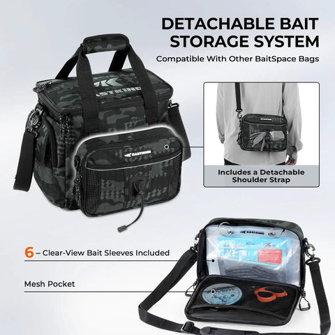BaitSpace Tackle Bag With Four Tackle Boxes, Removable Bait Binder, Water Resistant Storage shown with shoulder strap and open view.