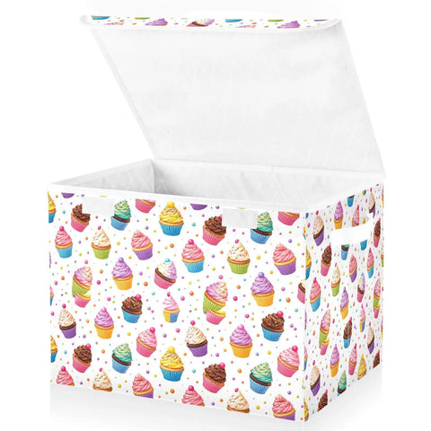 Badass Foldable Storage Bin With Heavy Duty Frame And Padded Handles For Home Organization 300D Oxford Fabric Clothes Cube with colorful cupcake design.