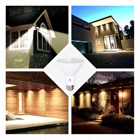10 Pack PAR30 Outdoor LED Flood Light Bulbs 12W 100W Equivalent, 900 Lumens, Dimmable, illuminating various outdoor areas