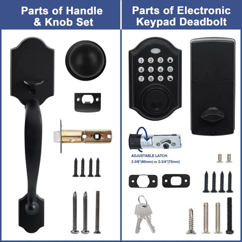 Parts of Front Door Lock Set With Keypad Deadbolt And Smart Lock, Black Double Door Handle Set, showing components and hardware