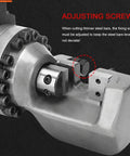 Electric Hydraulic Rebar Cutter Saw For Up To 22Mm Bar Stock With Fast Cut Speed And Steel Blade showing adjusting screws for precision cutting.