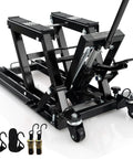 Beefed Up 1500 Lbs Hydraulic Motorcycle Lift For Dirt Bikes ATVs And UTVs With Footplates Long Handle Four Wheels Visible