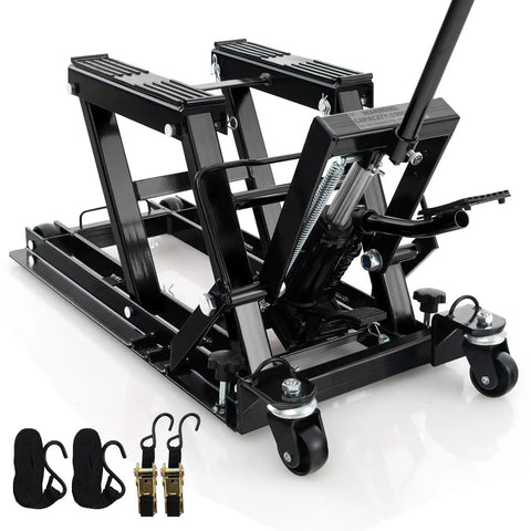 Beefed Up 1500 Lbs Hydraulic Motorcycle Lift For Dirt Bikes ATVs And UTVs With Footplates Long Handle Four Wheels Visible