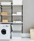 Black Twin Rail Wall Shelving System With Adjustable Twenty Five Inch Shelves And Eleven Point Five Inch Brackets Heavy Duty