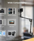 22 Inch Magic Arm Clamp Overhead Phone Mount Stand supporting camera, showing compatibility with various devices including cameras and phones.