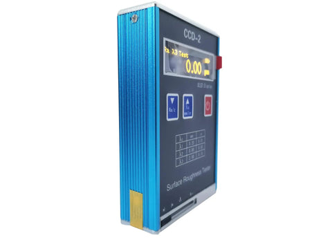 Side view of All In One Surface Roughness Tester For Ra Rz Rq Rt Profilometer with a blue exterior and digital display for metals and plastics.