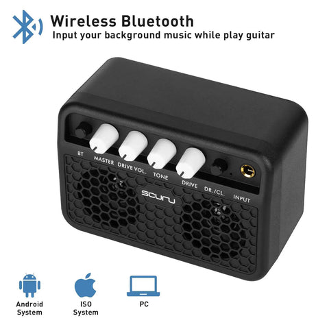Guitar Mini Amp 5W Rechargeable Bluetooth Amplifier For Desktop Practice With Clean And Distortion Channels Headphone Jack USB C Charging Long Battery Life on a surface showing control knobs and input options.