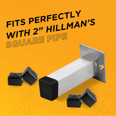 2 Inch Square Tube End Caps For Black Metal Tubing shown with 2 inch Hillman's pipe and flexible plastic hole plugs