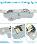 Four Piece Sliding Roller Assembly Set For Doors And Windows In Stainless Steel With Copper Components And Screws Easy Installation Gold Flat Wheel Durable Patio Rollers For Smooth Quiet Glide In Most Track Systems Replacement Kit showing close-up of roller with copper wheel and stainless steel frame.