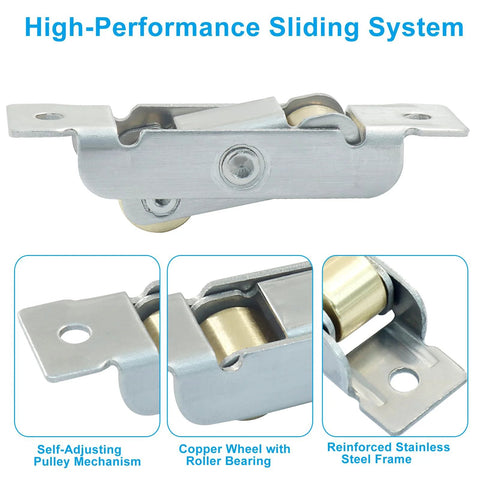 Four Piece Sliding Roller Assembly Set For Doors And Windows In Stainless Steel With Copper Components And Screws Easy Installation Gold Flat Wheel Durable Patio Rollers For Smooth Quiet Glide In Most Track Systems Replacement Kit showing close-up of roller with copper wheel and stainless steel frame.