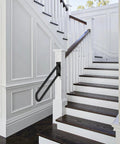 28 Inch Stainless Steel Hand Rail For One To Five Steps Wall mounted on white indoor stairs with oil rubbed black finish.