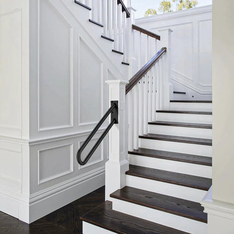 28 Inch Stainless Steel Hand Rail For One To Five Steps Wall mounted on white indoor stairs with oil rubbed black finish.