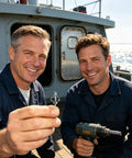 Two men holding a rivet and drill on a boat, showcasing Aluminum Pop Rivets Kit With Assorted Universal Steel Mandrels For Blind Rivets.