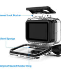 Waterproof Dive Housing for Go Pro 11 10 9 Action Cameras With 60m 196ft Depth Rating Bracket Mount Kit Protective Shell And Easy Sealing Design, showing fastened lock buckle and waterproof sealed rubber ring.