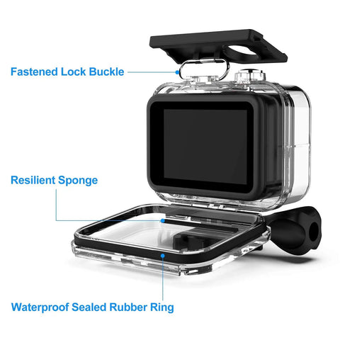 Waterproof Dive Housing for Go Pro 11 10 9 Action Cameras With 60m 196ft Depth Rating Bracket Mount Kit Protective Shell And Easy Sealing Design, showing fastened lock buckle and waterproof sealed rubber ring.