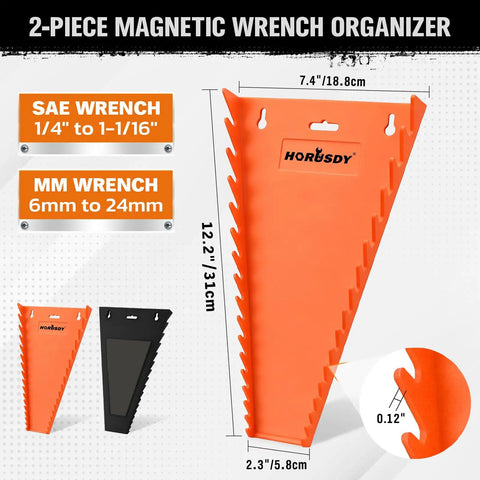 Two Piece Magnetic Wrench Organizer With 32 Slots For Toolboxes, Drawers And Garage, Keeps SAE Quarter Inch To One And One Sixteenth Inch And Metric Six To Twenty Four Millimeter Wrenches Neatly Stored, Black And Orange, 11 Pound Capacity, showing orange slot details