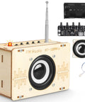 Hands On FM Radio Kit for Kids and Teens STEM Electronic DIY Experiment Kit showing wooden radio, speaker, and circuit board