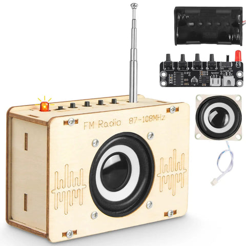 Hands On FM Radio Kit for Kids and Teens STEM Electronic DIY Experiment Kit showing wooden radio, speaker, and circuit board
