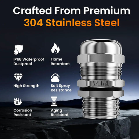 Ten Pack Built Tough Half Inch NPT Stainless Steel Cable Gland Waterproof IP68 Metal Strain Relief Cord Grip with highlighted features