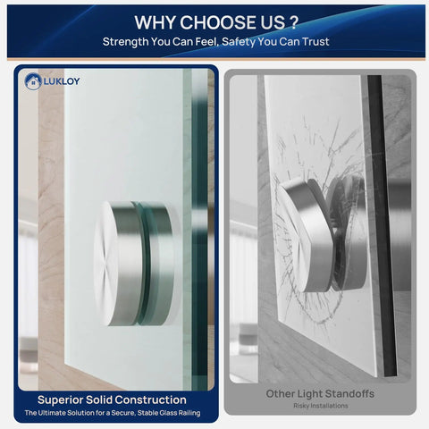 Comparison of 10 Pack Solid 316 Stainless Steel Glass Railing Standoff Hardware with light standoffs on glass railing installation.