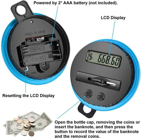 Digital Coin Bank With LCD Counter For Adults, 1.8L Large Capacity Money Jar showing LCD display and battery compartment.
