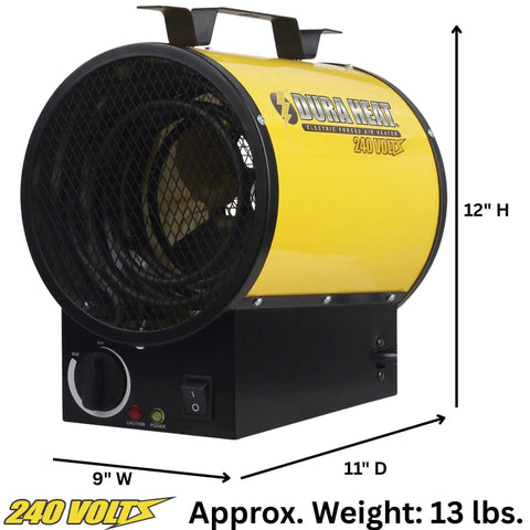 Front view of Heavy Duty 240V Electric Forced Air Heater for Garage and Workshop with wall or ceiling mount, yellow and black design.