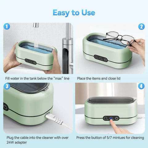 Pro Gear Slick Ultrasonic Cleaner For Jewelry And Glasses With Dual Cleaning Modes And Strong 48 Khz Waves To Sweep Out Tough Gunk With Plain Tap Water For Bright Shine, steps for use to clean jewelry and glasses.