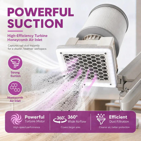 Close-up of the high-efficiency honeycomb air inlet of the Professional Nail Dust Collector With Universal Table Mount And Tilt Adjustable Arm.