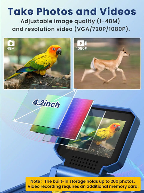 Kids Binoculars With Night Vision Camera And 10X Optical Zoom, Magic Adventures Telescope Toy Gift For Boys And Girls Ages 3 To 10 Plus, Day And Night Viewing On A Bright 2.4 Inch Screen For Outdoor Explorers. 4.2-inch screen showing bird photo and 1080P video